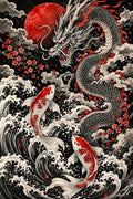 Japanese Dragon and Koi Fish Art Print - Small Wood Print