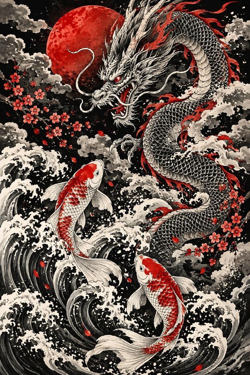 Japanese Dragon and Koi Fish Art Print - Small Wood Print