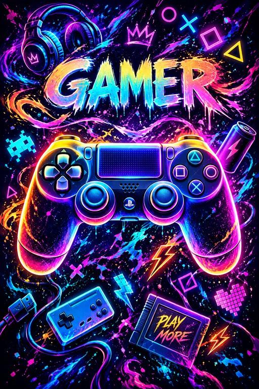 PlayStation controller gamer neon artwork - Small Poster Print