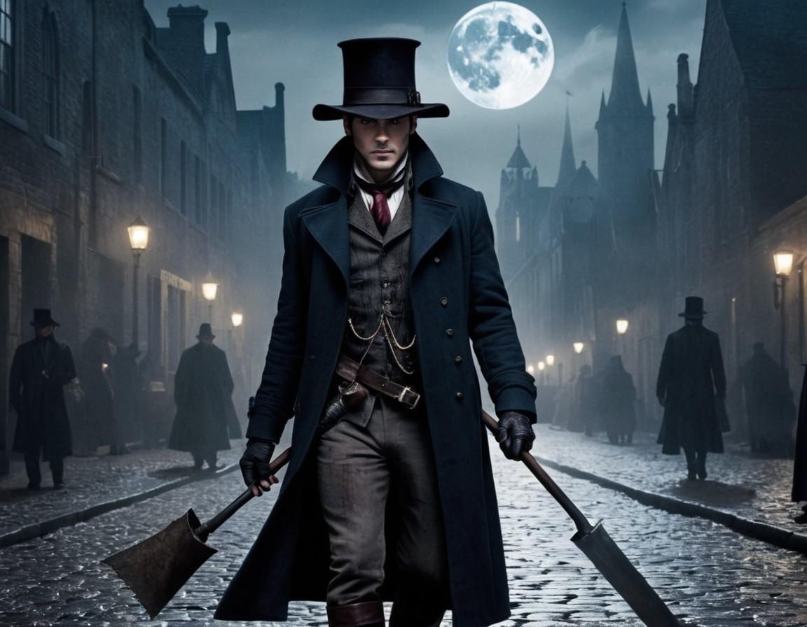 Victorian Gentleman with Shovels in Moonlight Street - Small Poster Print