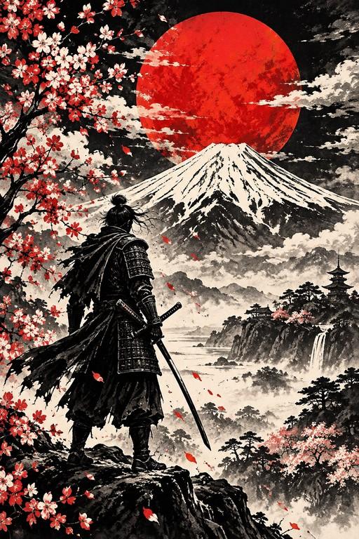 Samurai with Mount Fuji and Red Sun - Small Wood Print