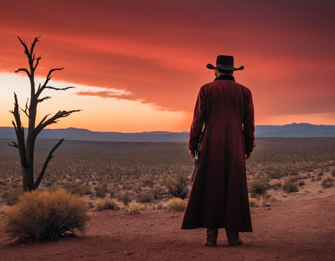 Lone Cowboy in Red Duster at Sunset Desert - Small Poster Print