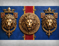 Heraldic Gold Lion Emblems on Blue and Red Banner - Small Poster Print