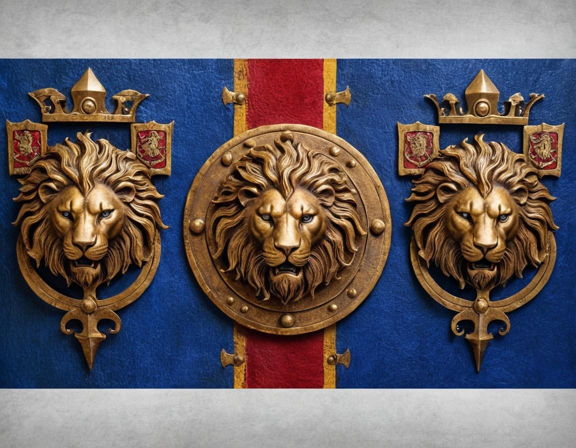 Heraldic Gold Lion Emblems on Blue and Red Banner - Small Poster Print