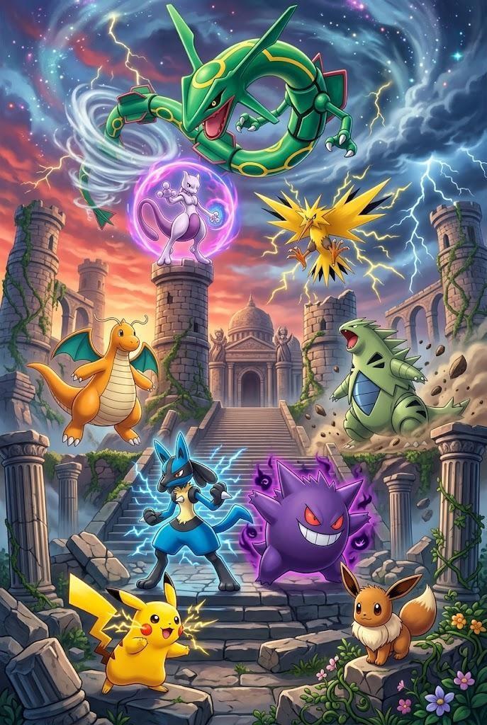 Pokemon Epic Castle Battle Art Print - Medium Wood Print