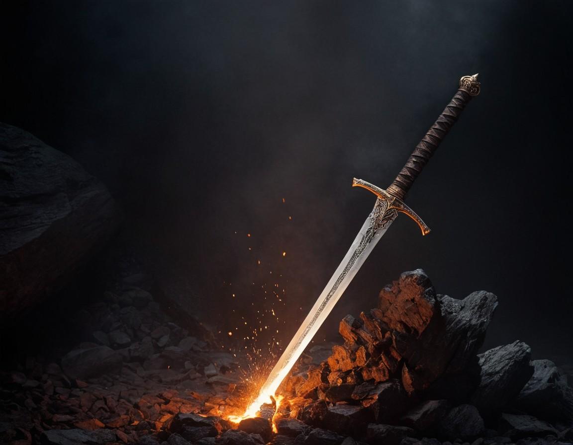 Ornate Fantasy Longsword Embedded in Rocky Ground with Sparks - Small Poster Print