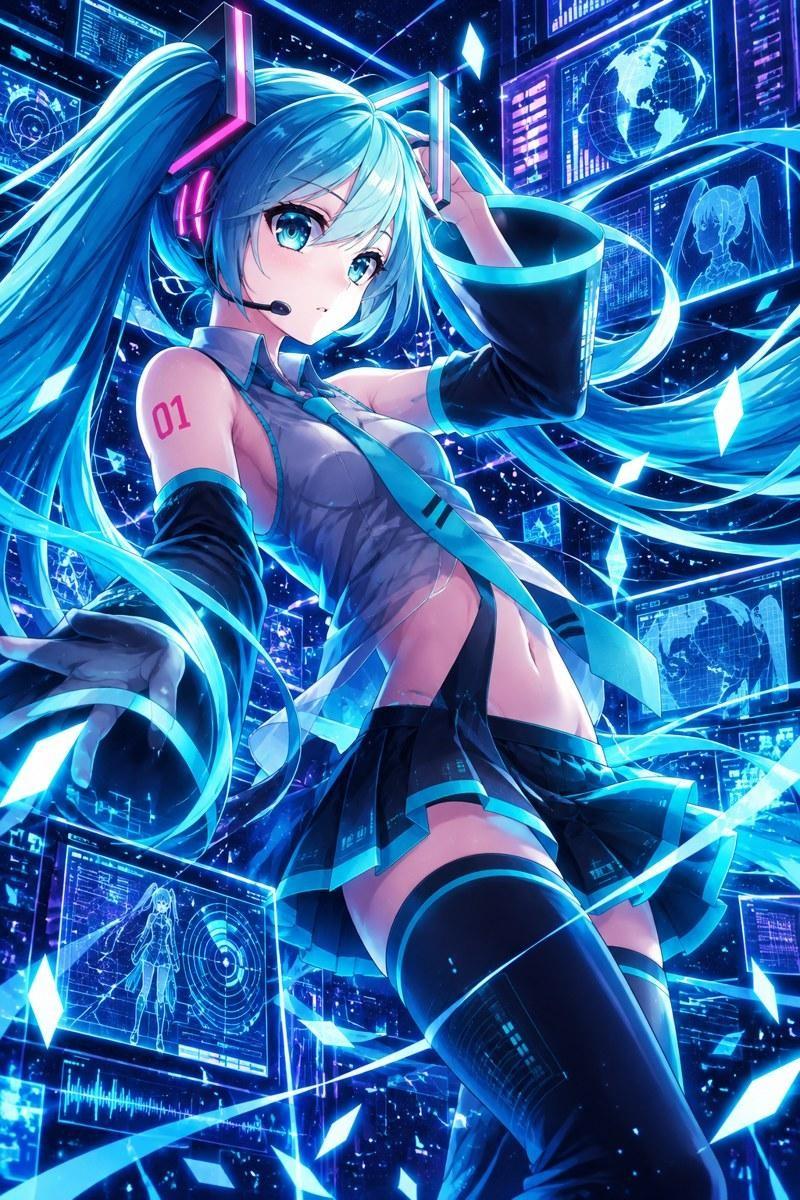 Hatsune Miku Cyberpunk Digital World Art - Small Wood Print