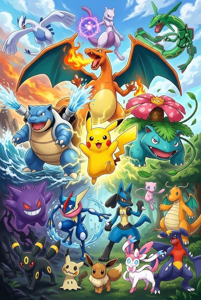 Pokémon Legendary and Popular Species Group Artwork - Medium Wood Print