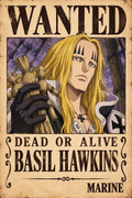 Basil Hawkins Wanted Poster from One Piece - Small Wood Print