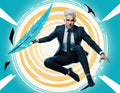 White-Haired Man in Suit Leaping with Glowing Feather Blade - Small Poster Print