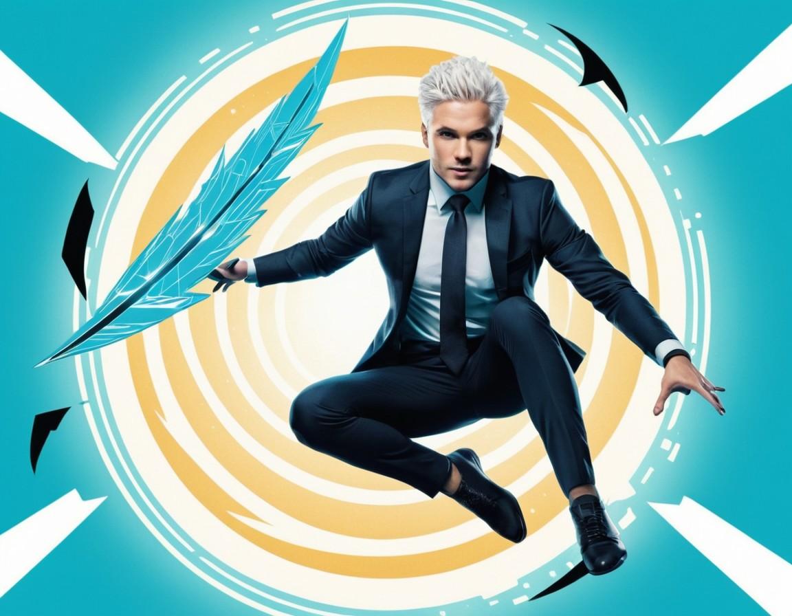 White-Haired Man in Suit Leaping with Glowing Feather Blade - Small Poster Print