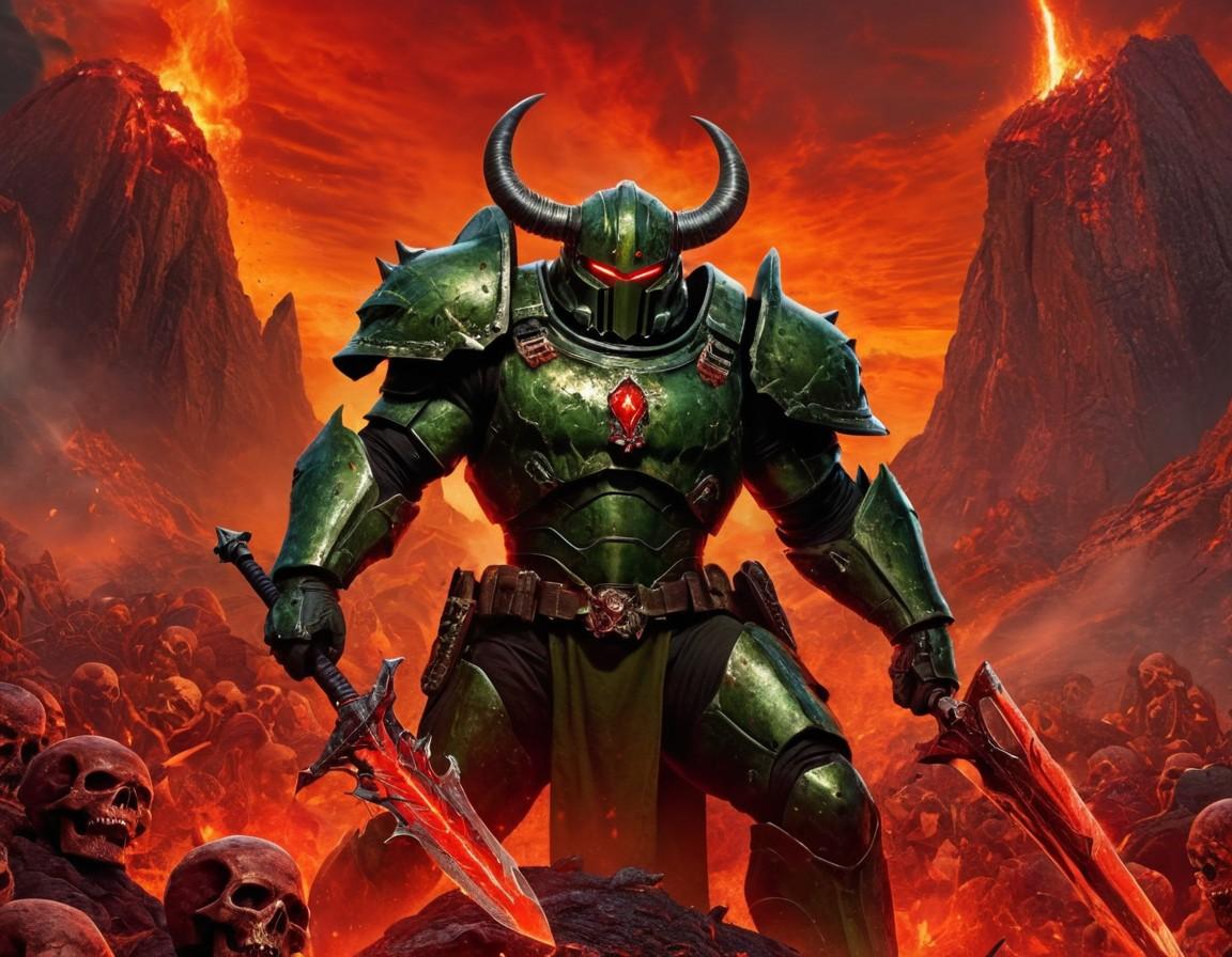 Green Horned Daemon Knight in Volcanic Wasteland - Small Poster Print