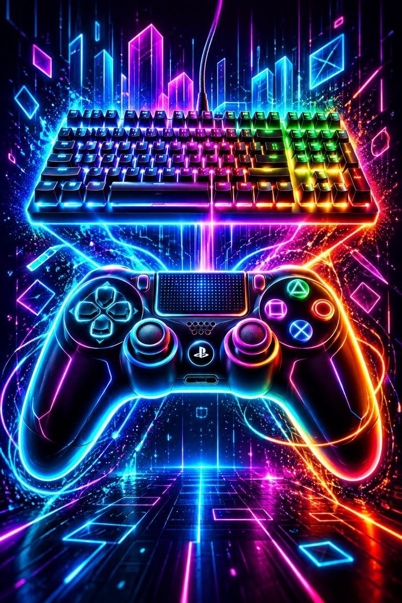 Neon Cyberpunk Gaming Controller and Keyboard Design - Small Wood Print