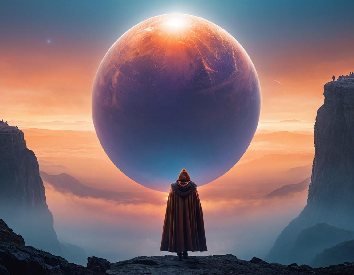 Cloaked Figure Before Glowing Celestial Sphere Landscape - Small Poster Print