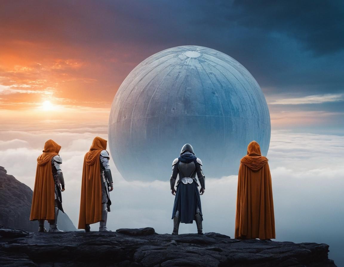 Four Hooded Figures Observing a Giant Sphere above Clouds - Small Poster Print