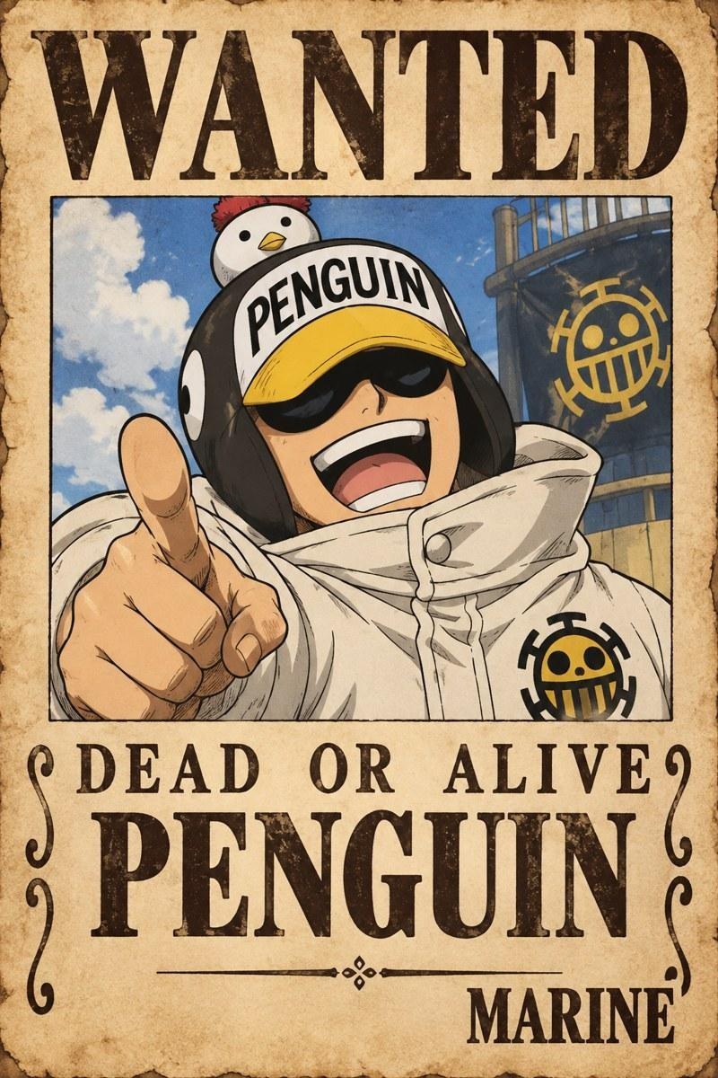 One Piece Penguin Wanted Poster Art Print - Small Wood Print