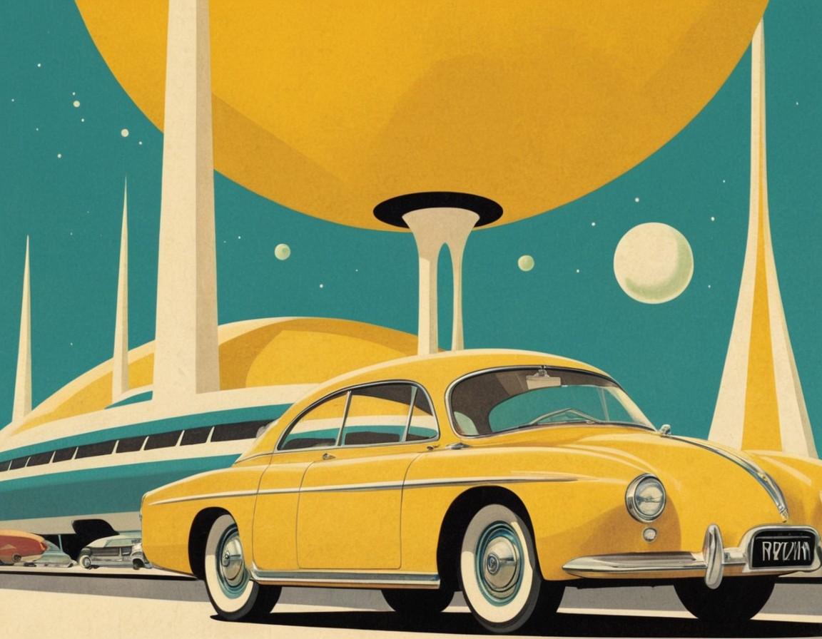 Retro Futuristic Yellow Car and Architecture Illustration - Small Poster Print