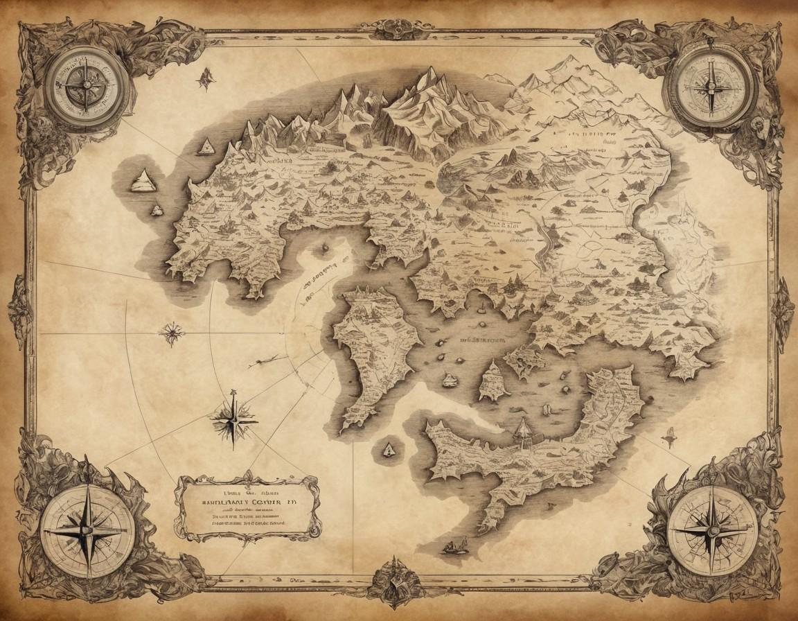 Fantasy World Map with Compass Roses and Decorative Border - Small Poster Print