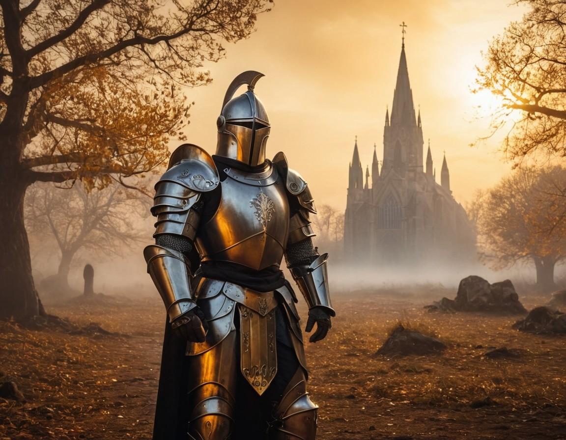 Knight in Full Plate Armor Before a Cathedral - Small Poster Print